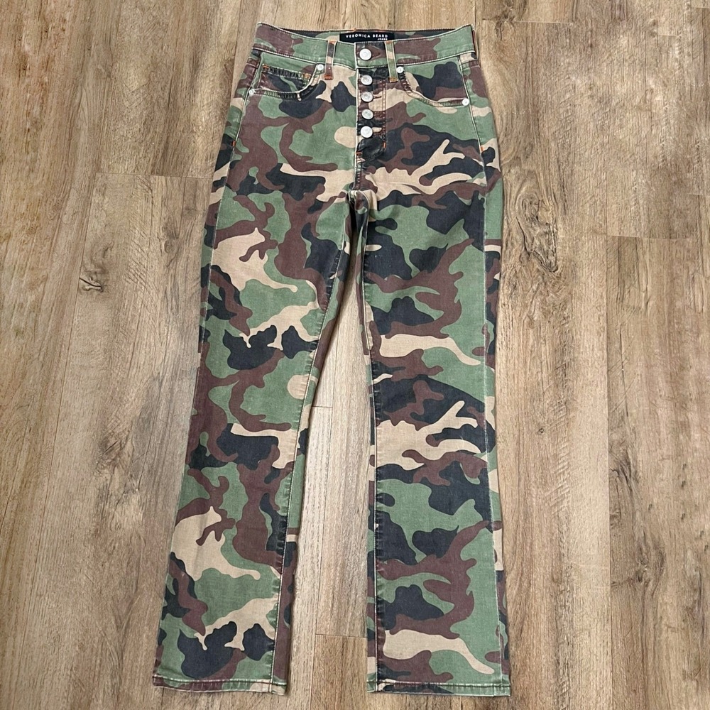 Veronica Beard Carly Kick Flare High Rise Jeans Camo Print Button Fly Size 24 - Picture 3 of 10